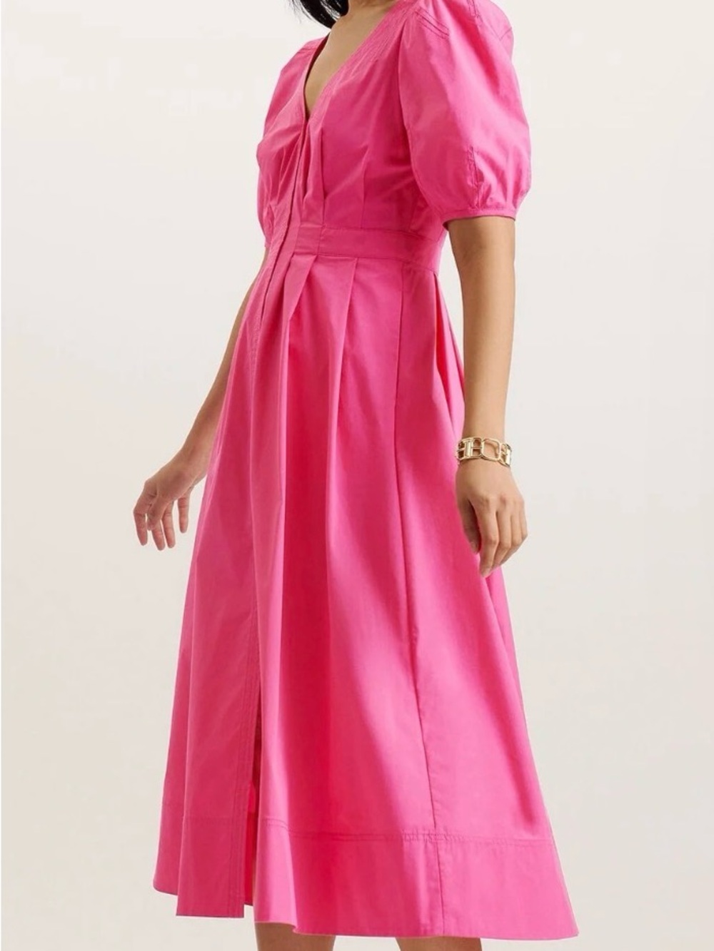 Ted Baker London Hot Pink V-Neck Midi Dress with Puff Sleeves